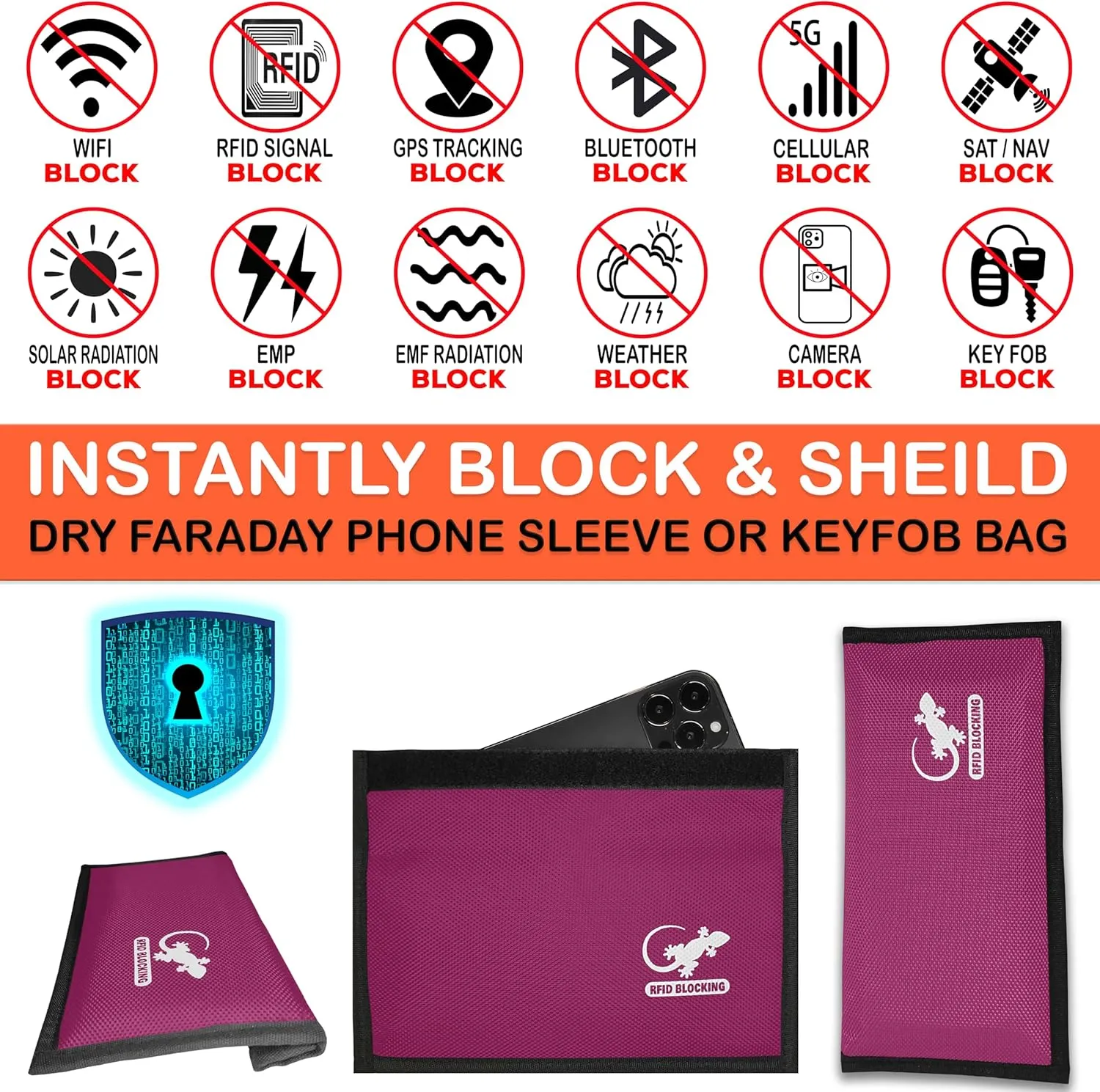 Gecko Travel Tech Pink Nylon Faraday Bag - Signal Blocker for Cell Phone, Car Key FOB, Data Privacy (PINK - NYLON)