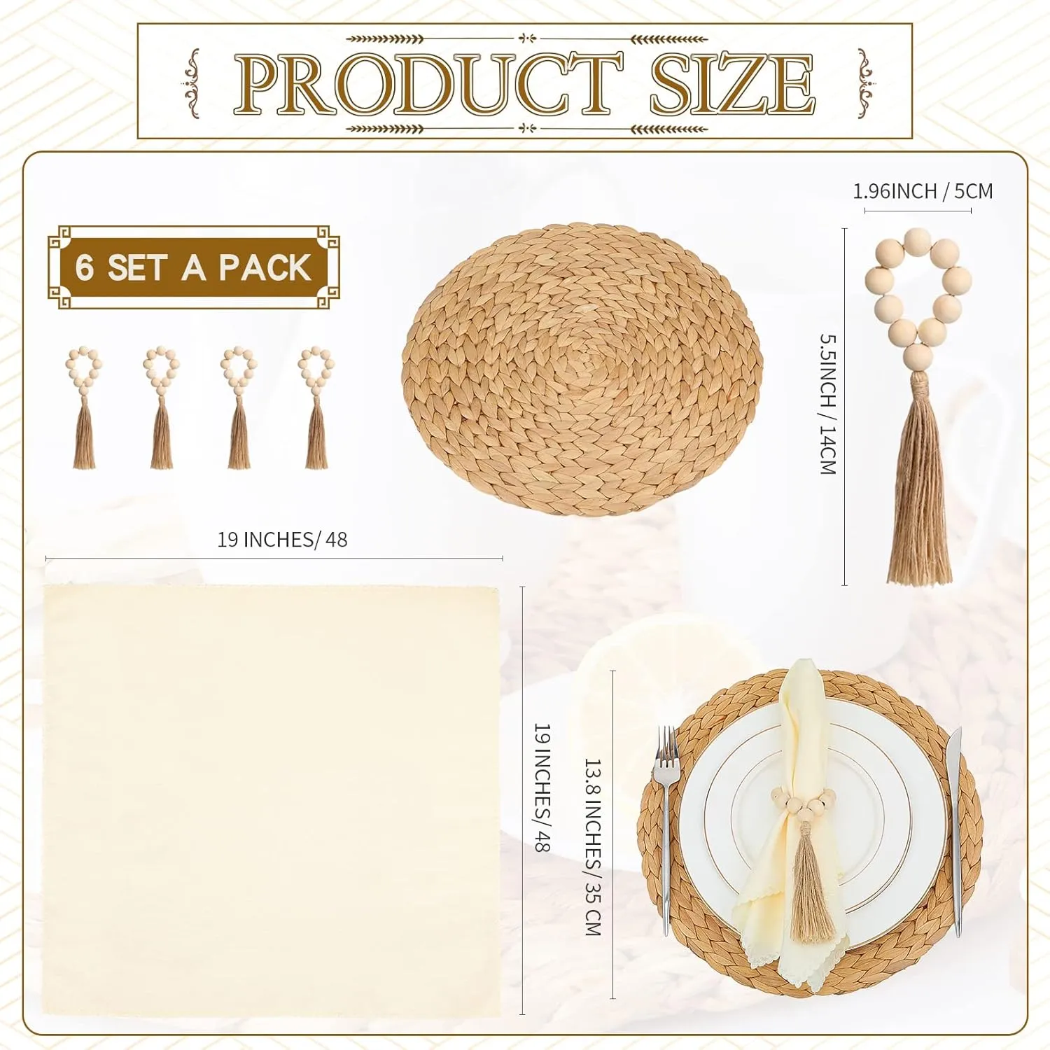 Gejoy Boho Woven Placemats Wood Bead Napkin Rings with Dinner Napkins Cloth Round Water Hyacinth Placemats Heat Resistant Mats Wooden Rings for Plates Wedding Dining Table(18 Pcs)
