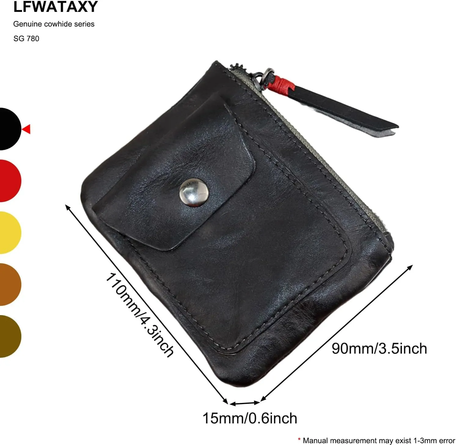 Genuine cowhide - Coin Purse for Men & Women - Leather Coin Pouch - Zipper Coin Purse Wallet - Leather Zipper Storage Bag - Coin Organizer (Black)