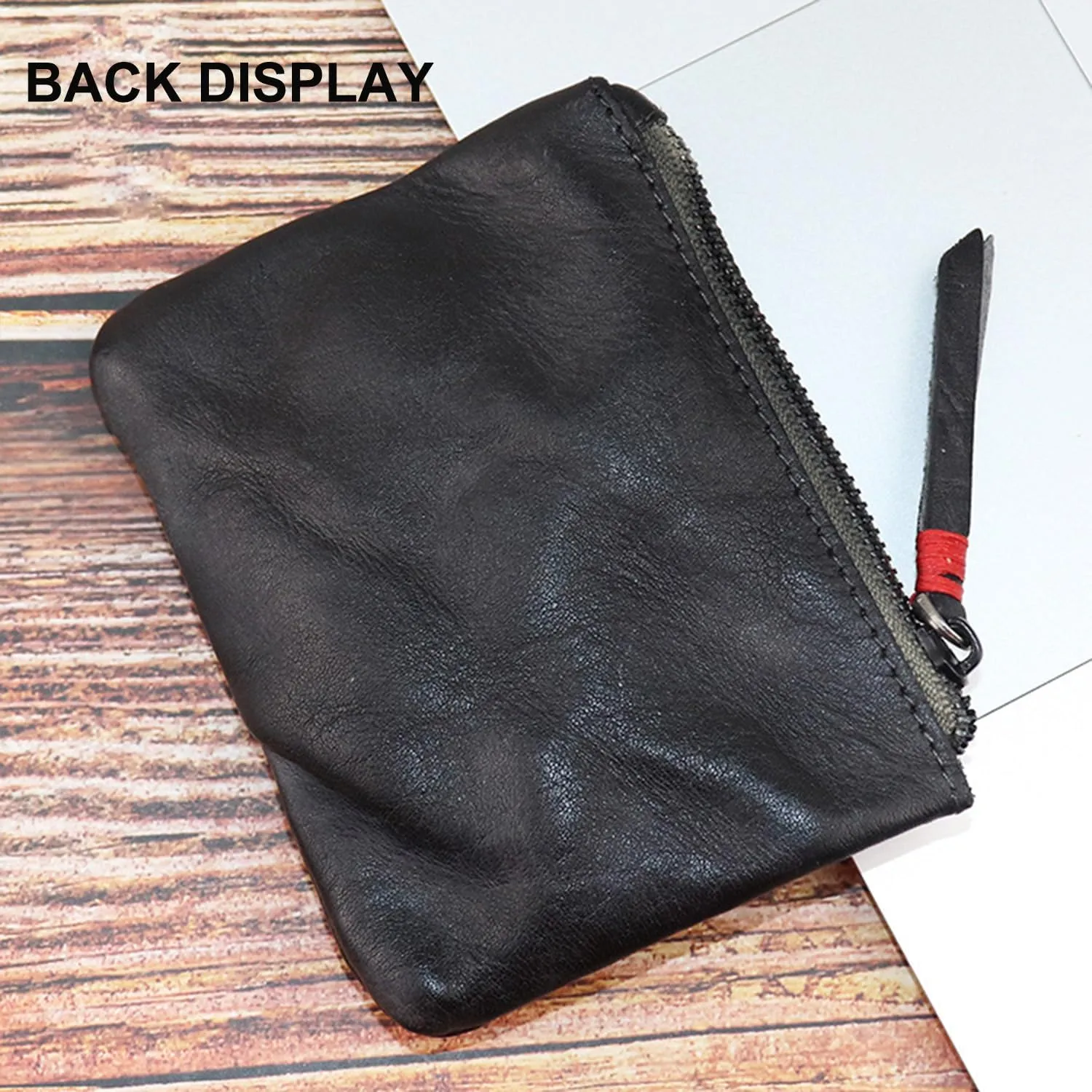 Genuine cowhide - Coin Purse for Men & Women - Leather Coin Pouch - Zipper Coin Purse Wallet - Leather Zipper Storage Bag - Coin Organizer (Black)