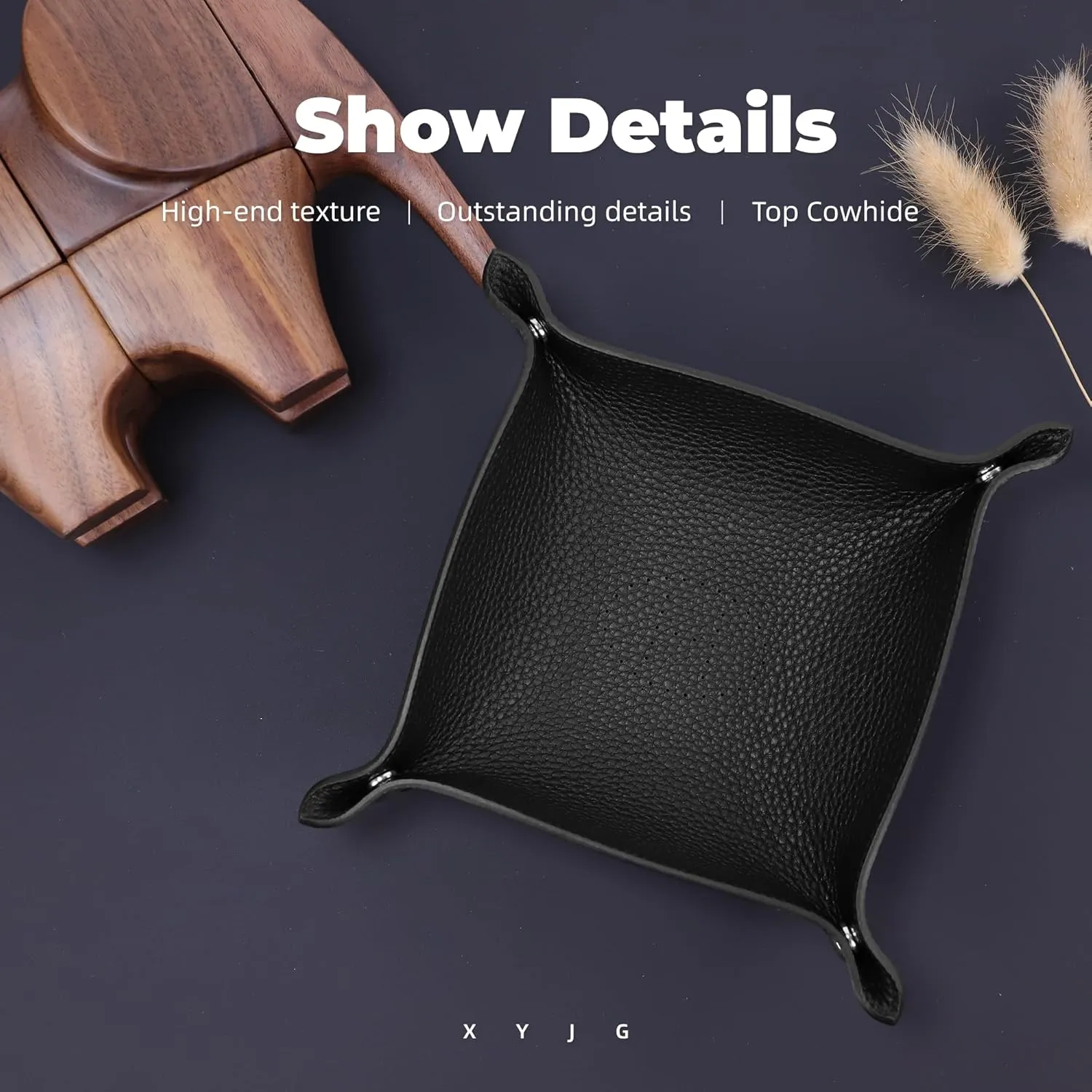 Genuine Cowhide Leather Desktop Storage Organizer - Bedside Vanity Tray Catchall Nightstand Caddy Holder for Phone, Wallet, Coin, Jewelry (Black)