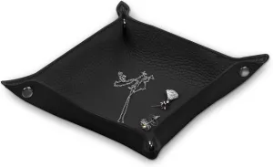 Genuine Cowhide Leather Desktop Storage Organizer - Bedside Vanity Tray Catchall Nightstand Caddy Holder for Phone, Wallet, Coin, Jewelry (Black)
