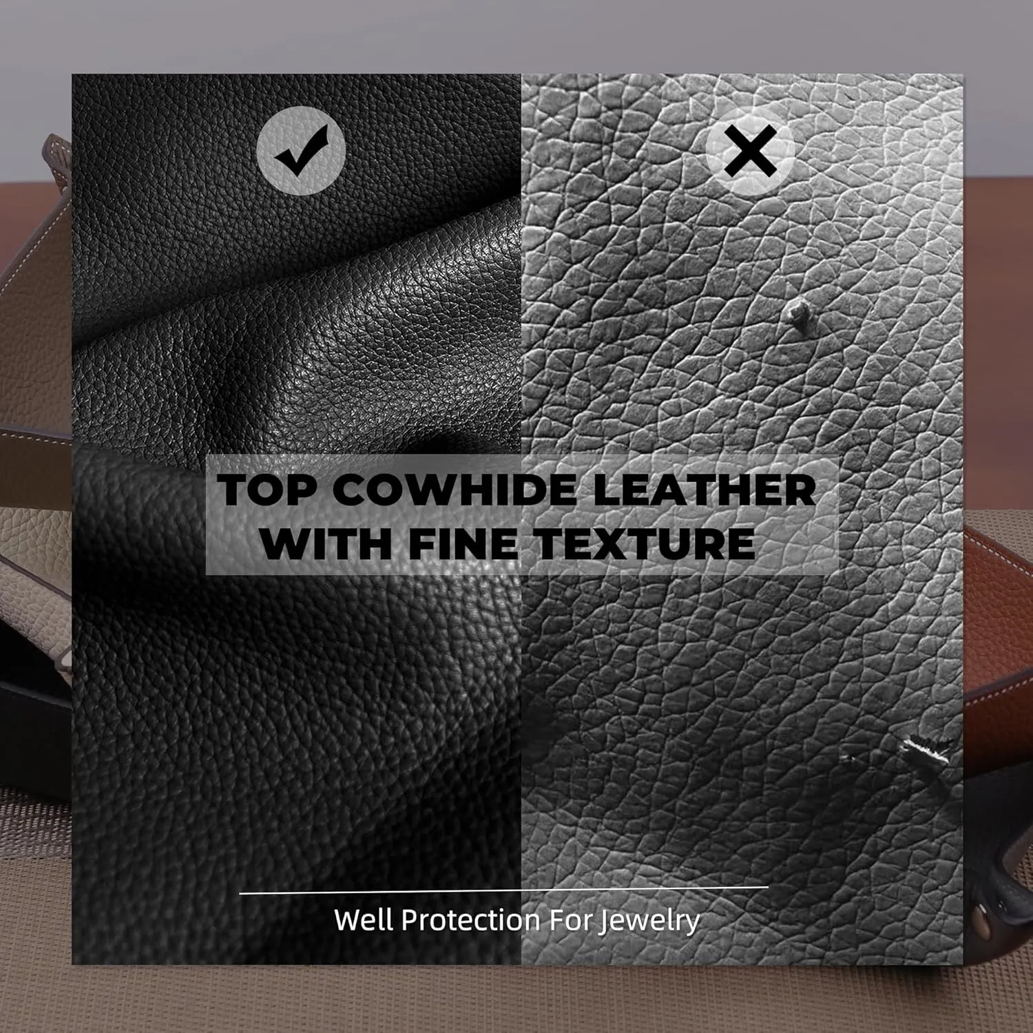 Genuine Cowhide Leather Desktop Storage Organizer - Bedside Vanity Tray Catchall Nightstand Caddy Holder for Phone, Wallet, Coin, Jewelry (Black)