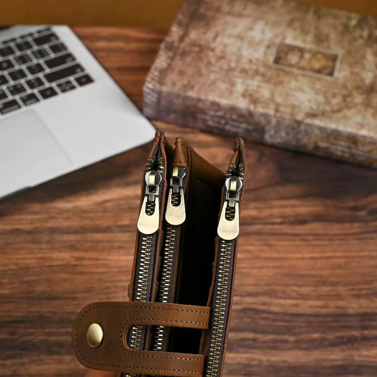 Genuine Crazy Horse Leather Travel Gift Coin Pocket Card Case Long Organizer Chain Rfid Wallet Purse With Snap For Men Male 1803 1815 (1815 Brown)