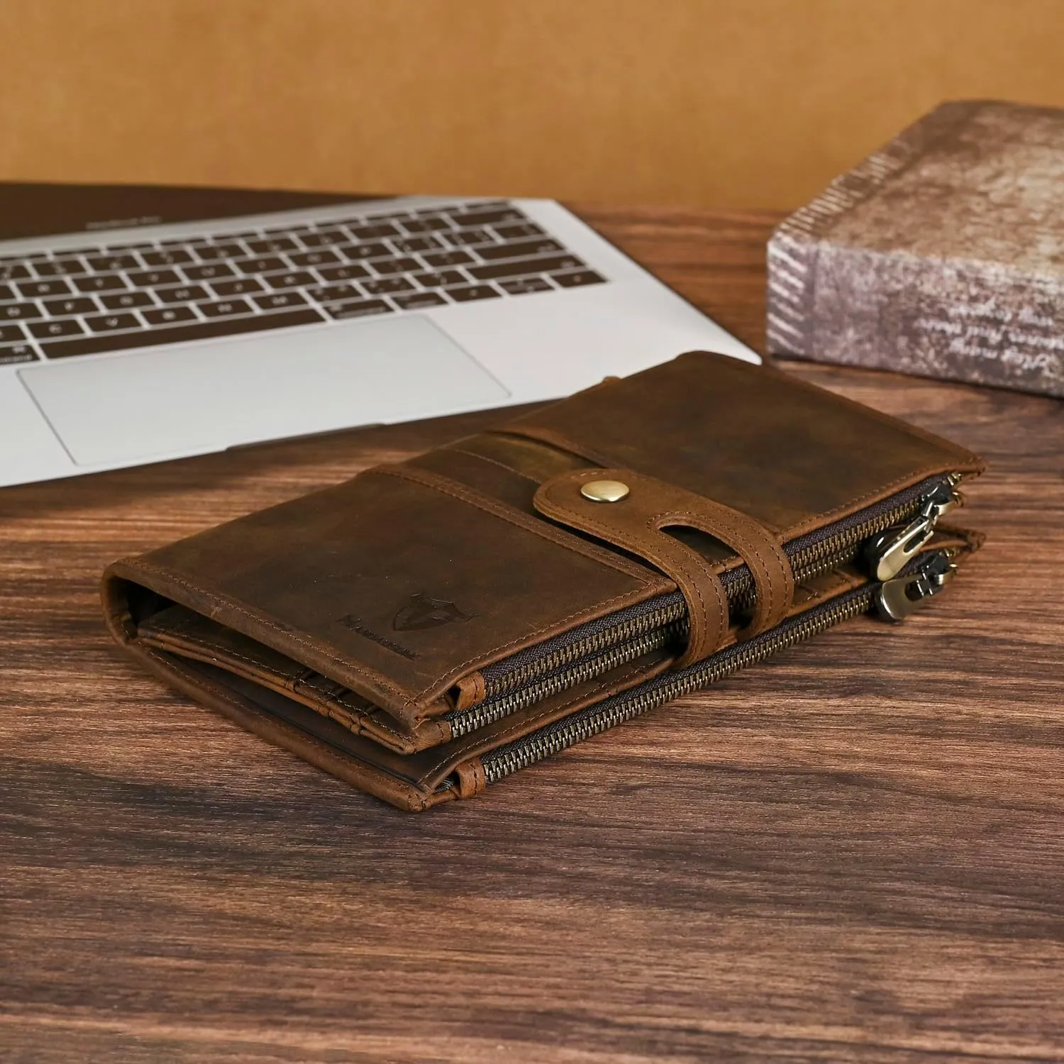 Genuine Crazy Horse Leather Travel Gift Coin Pocket Card Case Long Organizer Chain Rfid Wallet Purse With Snap For Men Male 1803 1815 (1815 Brown)