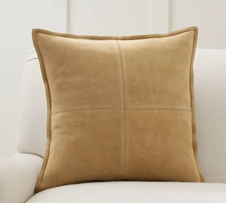 Genuine Lambskin Suede Leather Pillow Cover - Sofa Cushion Case - Decorative Throw Covers for Living Room & Bedroom (22 X 22 '' Pack of 2, Beige)