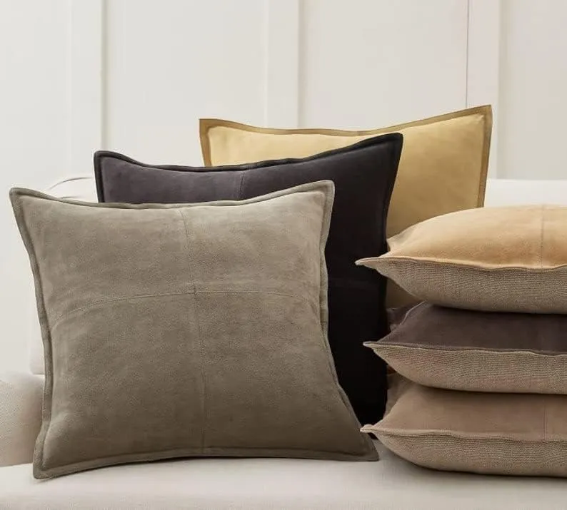 Genuine Lambskin Suede Leather Pillow Cover - Sofa Cushion Case - Decorative Throw Covers for Living Room & Bedroom (22 X 22 '' Pack of 2, Beige)