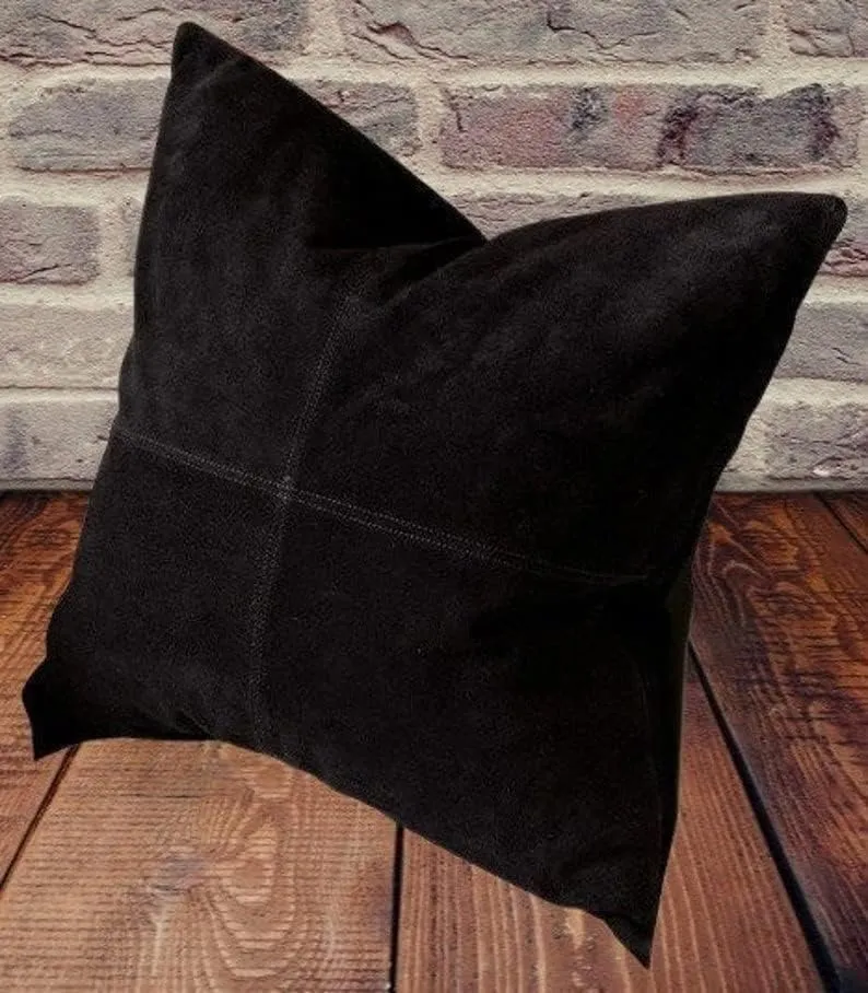 Genuine Lambskin Suede Leather Pillow Cover - Sofa Cushion Case - Decorative Throw Covers for Living Room & Bedroom (22 X 22 '' Pack of 2, Black)