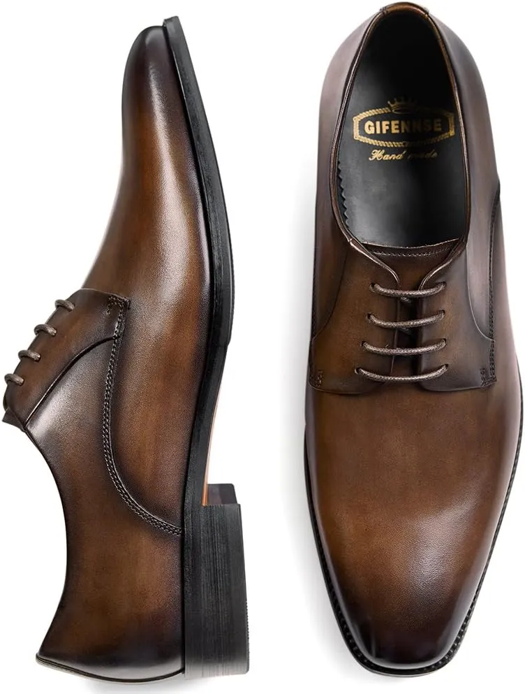 GIFENNSE Men's Handmade Leather Modern Classic Lace up Leather Lined Perforated Dress Oxfords Shoes