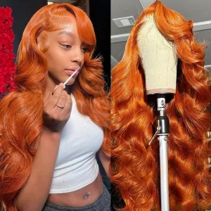 Ginger Lace Front Wigs Human Hair 30inch Ginger Wig Human Hair Body Wave 13x4 Transparent Lace Front Wigs Human Hair Pre Plucked Glueless HD Lace Frontal Wigs Colored Orange Wig for Women 180 Density