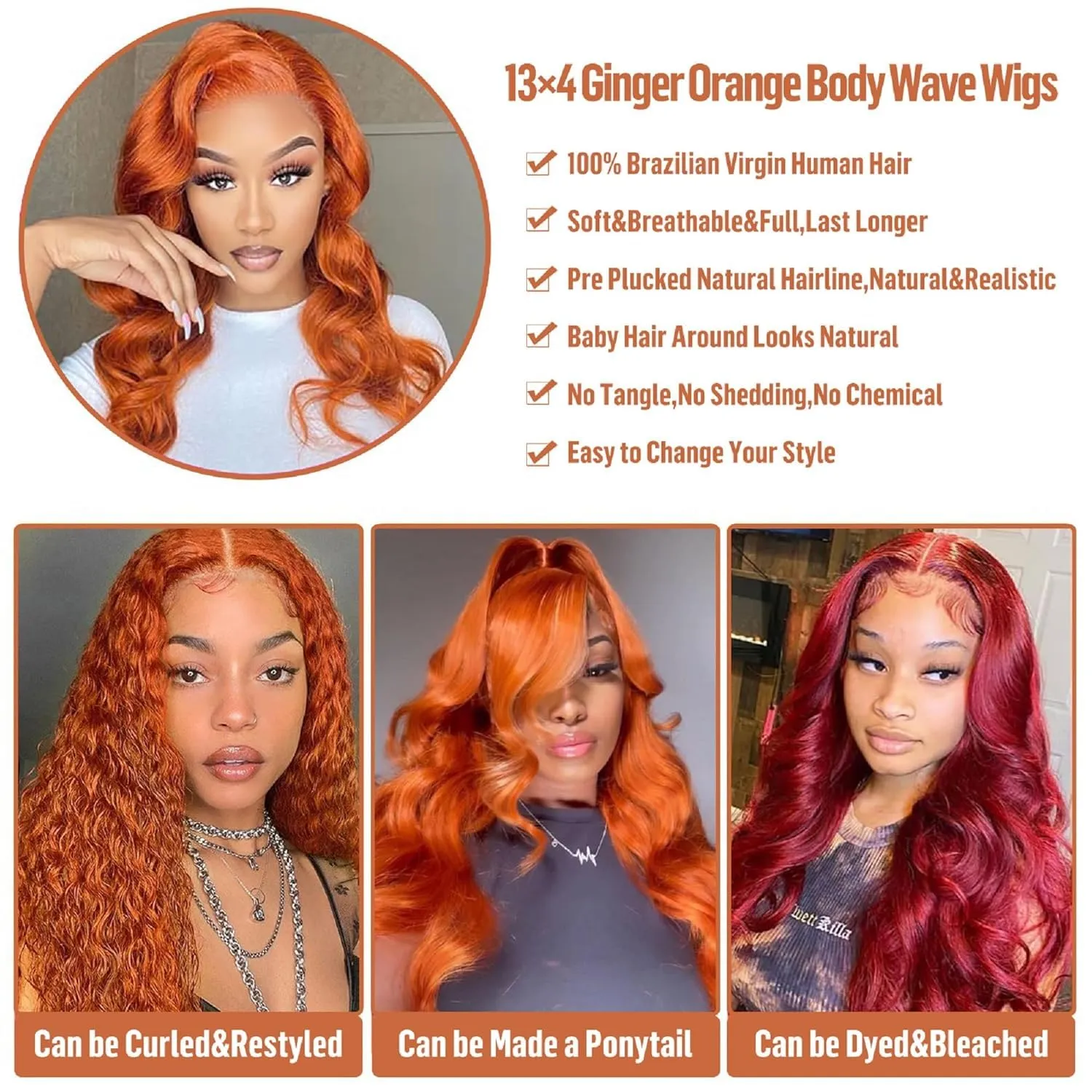 Ginger Lace Front Wigs Human Hair 30inch Ginger Wig Human Hair Body Wave 13x4 Transparent Lace Front Wigs Human Hair Pre Plucked Glueless HD Lace Frontal Wigs Colored Orange Wig for Women 180 Density
