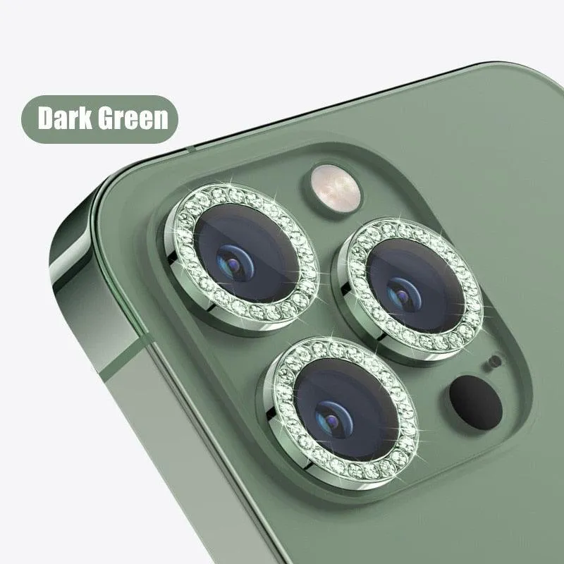 Glitter Diamond Rhinestones Metal Ring Camera Tempered Glass For iPhone 11 12 13 14 Pro Max Mini Plus Lens Protector Full Cover 9H Tempered Glass Camera Lens Protector Metal Single Ring Full Coverage Camera Lens Protector