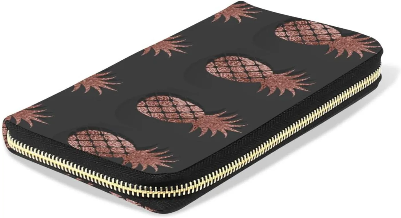 Gold Glittering Rose Pineapple Glossy Exotic Fruit on Dark Brown Leather Long Wallet Organizer with Zipper Purse Clutch Bag for Women Men Key Card Coin Passport Checkbook 8 x 4 inch