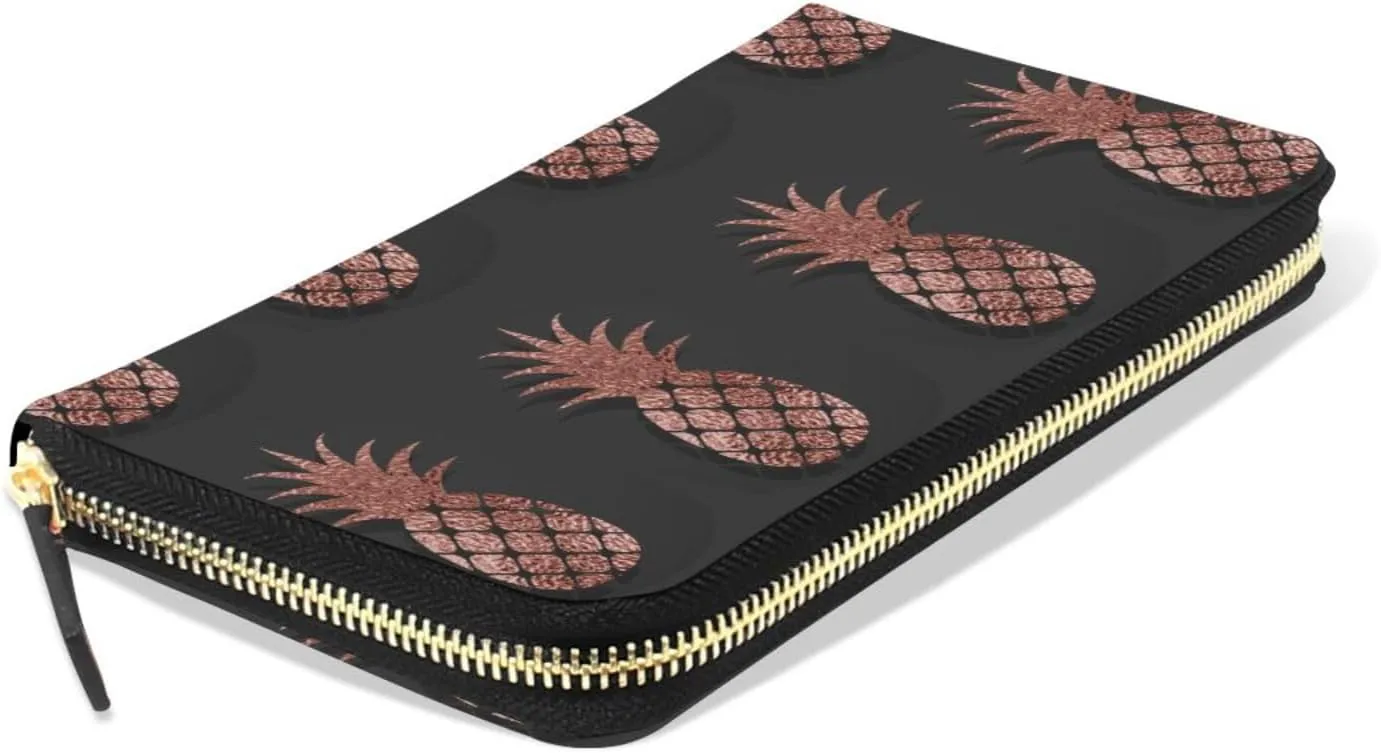 Gold Glittering Rose Pineapple Glossy Exotic Fruit on Dark Brown Leather Long Wallet Organizer with Zipper Purse Clutch Bag for Women Men Key Card Coin Passport Checkbook 8 x 4 inch