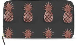 Gold Glittering Rose Pineapple Glossy Exotic Fruit on Dark Brown Leather Long Wallet Organizer with Zipper Purse Clutch Bag for Women Men Key Card Coin Passport Checkbook 8 x 4 inch