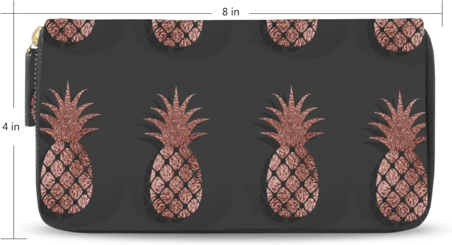 Gold Glittering Rose Pineapple Glossy Exotic Fruit on Dark Brown Leather Long Wallet Organizer with Zipper Purse Clutch Bag for Women Men Key Card Coin Passport Checkbook 8 x 4 inch