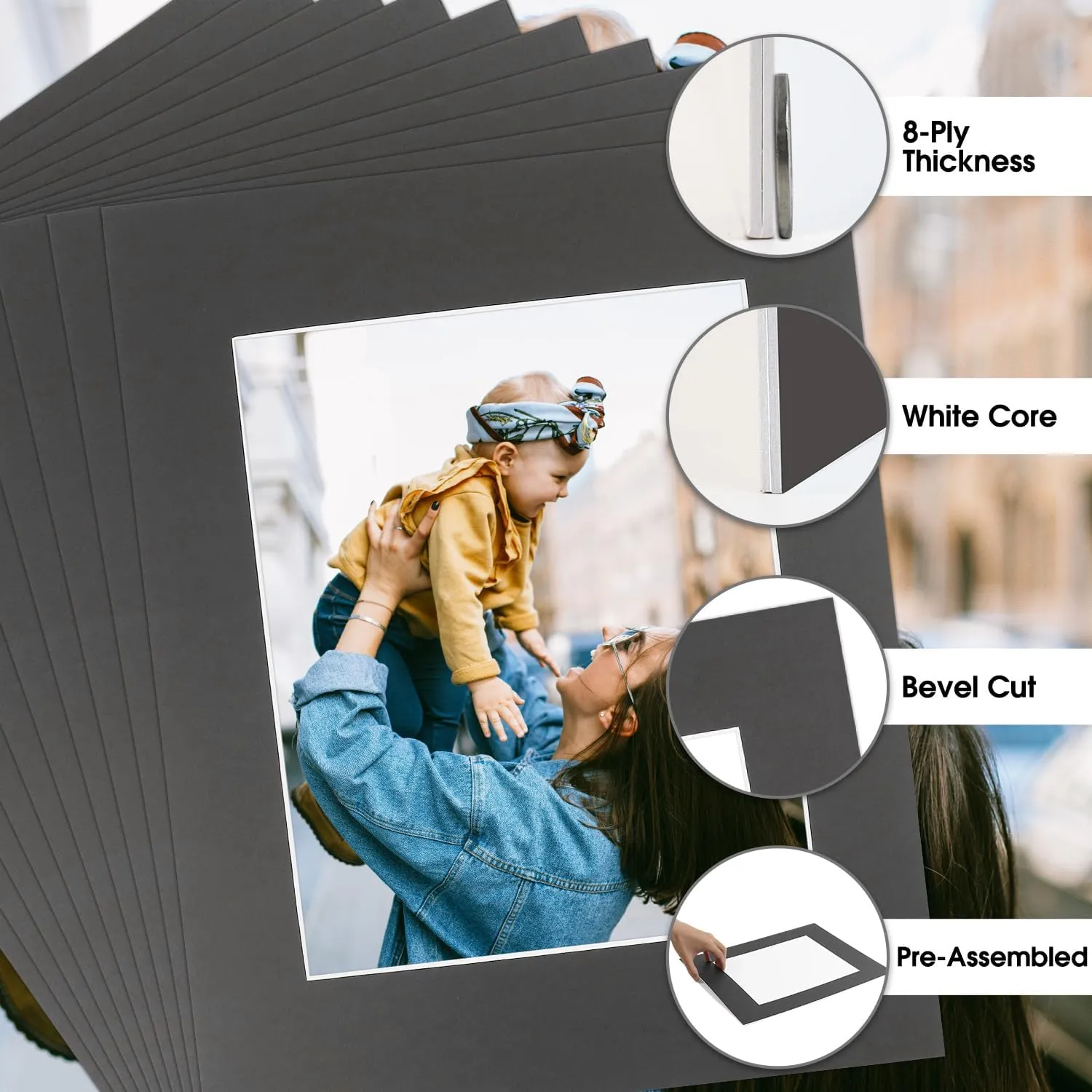 Golden State Art, Pack of 10 Black 11x14 Slip-in Pre-Adhesive Photo Mat for 8x10 Picture, Includes 10 Clear Bags