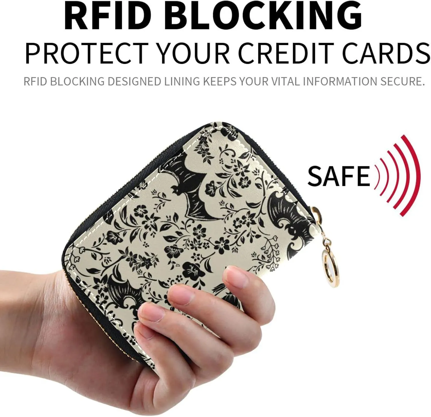Goth Bat Flowers RFID Credit Card Holder Wallets Accordion for Women Leather Zipper Card Case Accordion Wallet for Ladies Girls