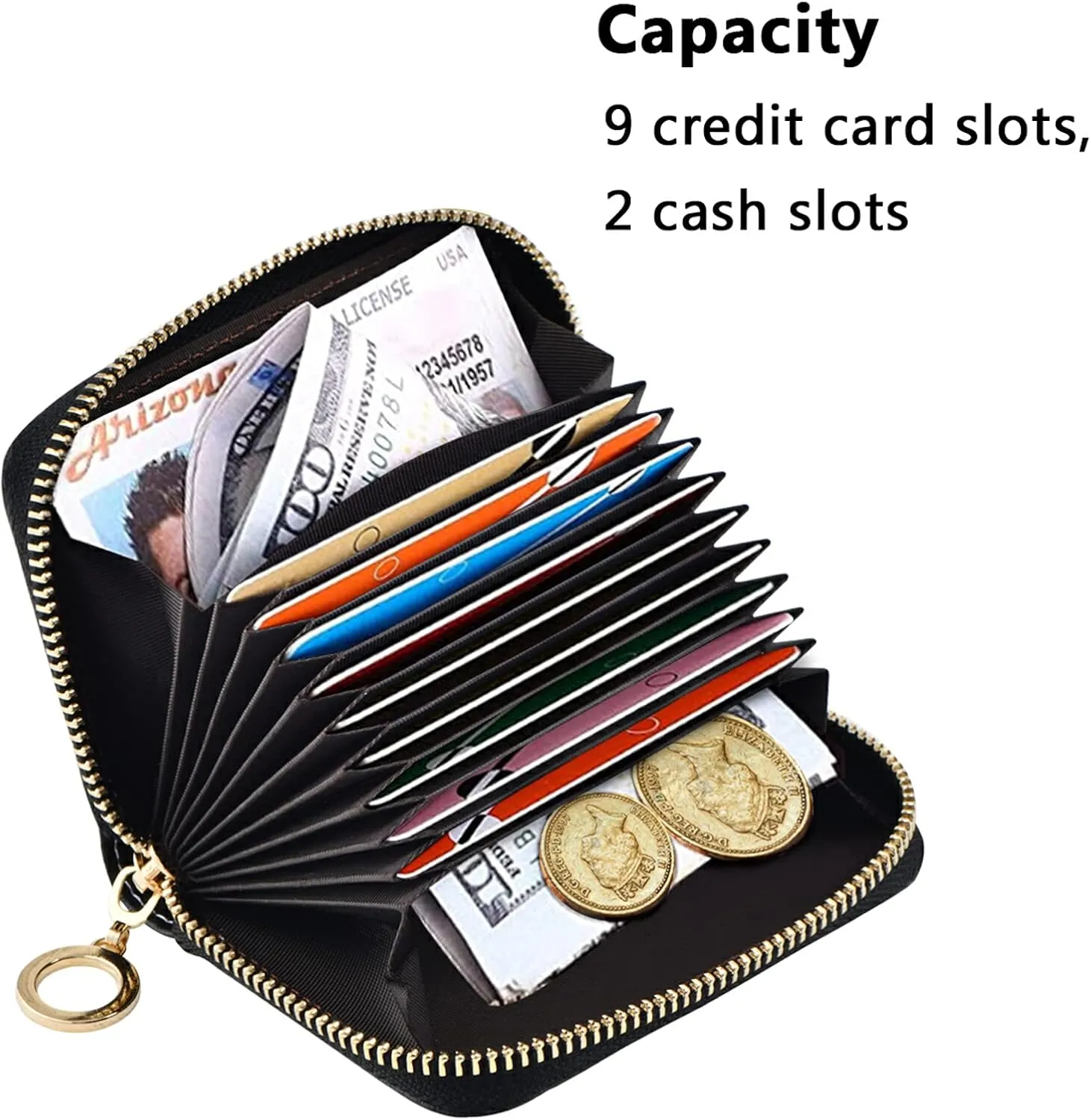 Goth Bat Flowers RFID Credit Card Holder Wallets Accordion for Women Leather Zipper Card Case Accordion Wallet for Ladies Girls