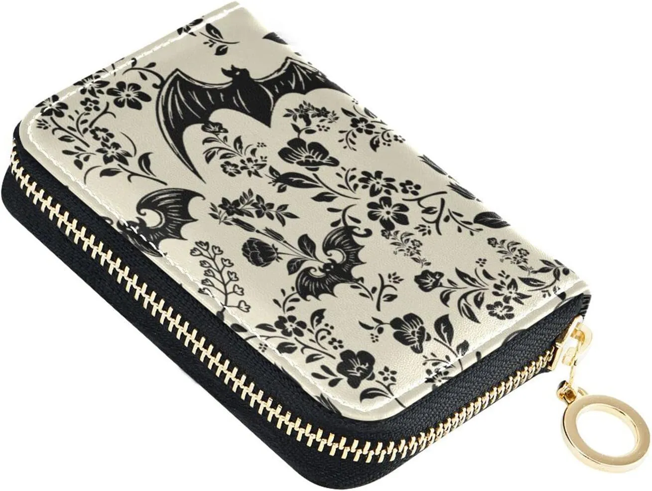 Goth Bat Flowers RFID Credit Card Holder Wallets Accordion for Women Leather Zipper Card Case Accordion Wallet for Ladies Girls