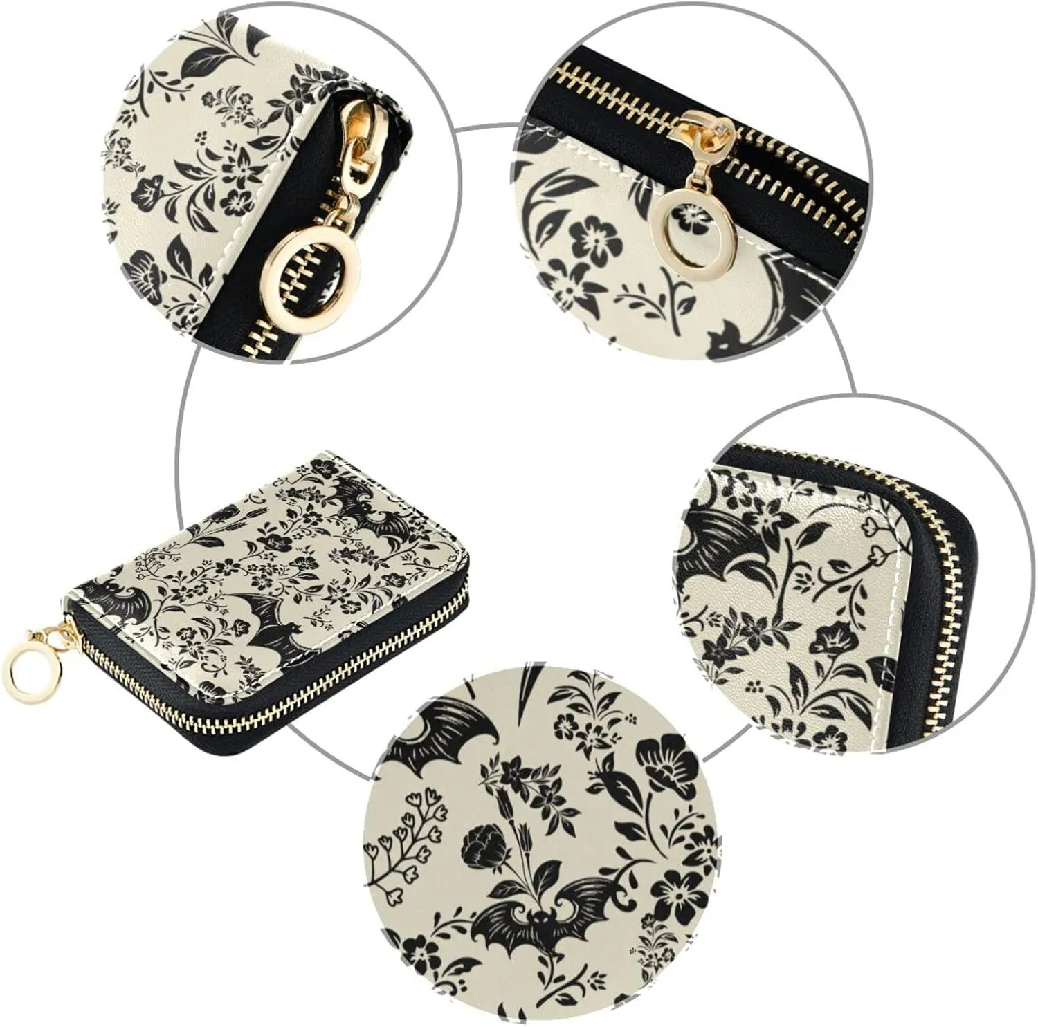Goth Bat Flowers RFID Credit Card Holder Wallets Accordion for Women Leather Zipper Card Case Accordion Wallet for Ladies Girls