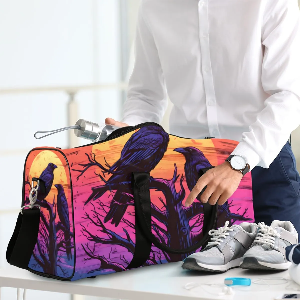 Gothic Crow Travel Duffle Bag for Women Men Gym Duffel Foldable Bag Waterproof Weekender Dusk Raven Duffle Tote