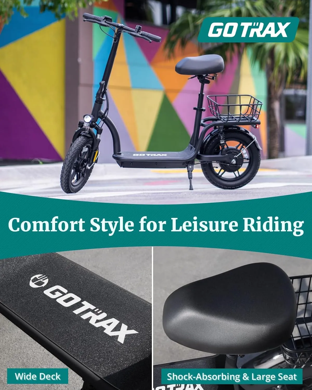 Gotrax Electric Scooter with Seat for Adult, Max 16-25miles Range, 15.5-20mph Power by 350W-500W Motor, Comfortable 14" Pneumatic Tire and Wider Deck & Height Adujustable Seat with Carry Basket