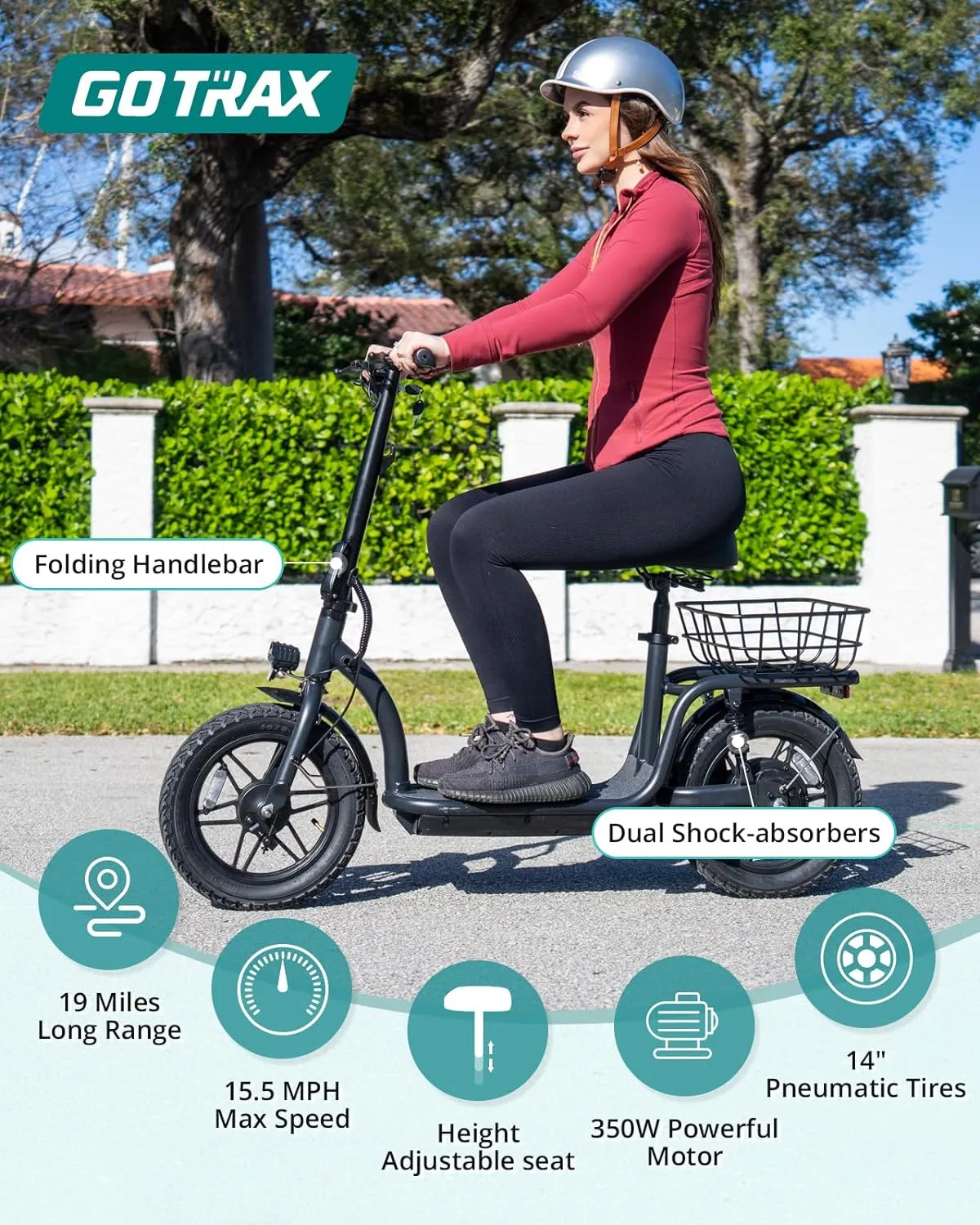 Gotrax Electric Scooter with Seat for Adult, Max 16-25miles Range, 15.5-20mph Power by 350W-500W Motor, Comfortable 14" Pneumatic Tire and Wider Deck & Height Adujustable Seat with Carry Basket