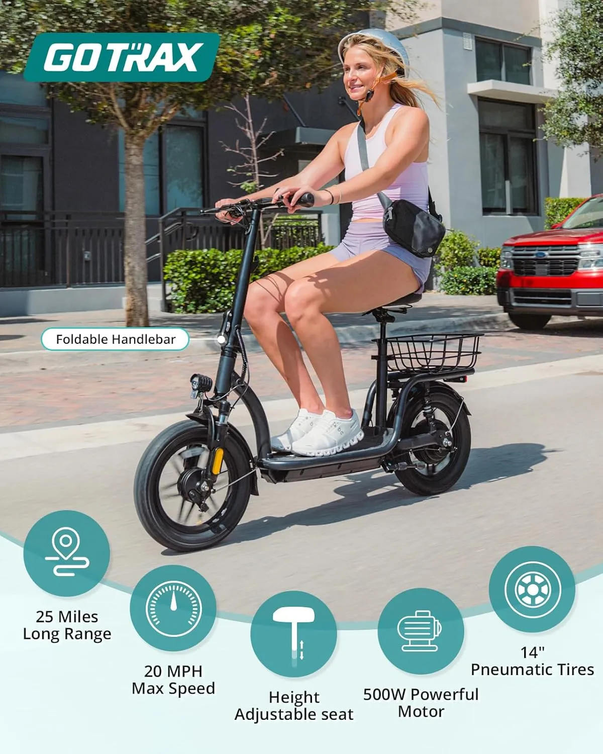 Gotrax Electric Scooter with Seat for Adult, Max 16-25miles Range, 15.5-20mph Power by 350W-500W Motor, Comfortable 14" Pneumatic Tire and Wider Deck & Height Adujustable Seat with Carry Basket