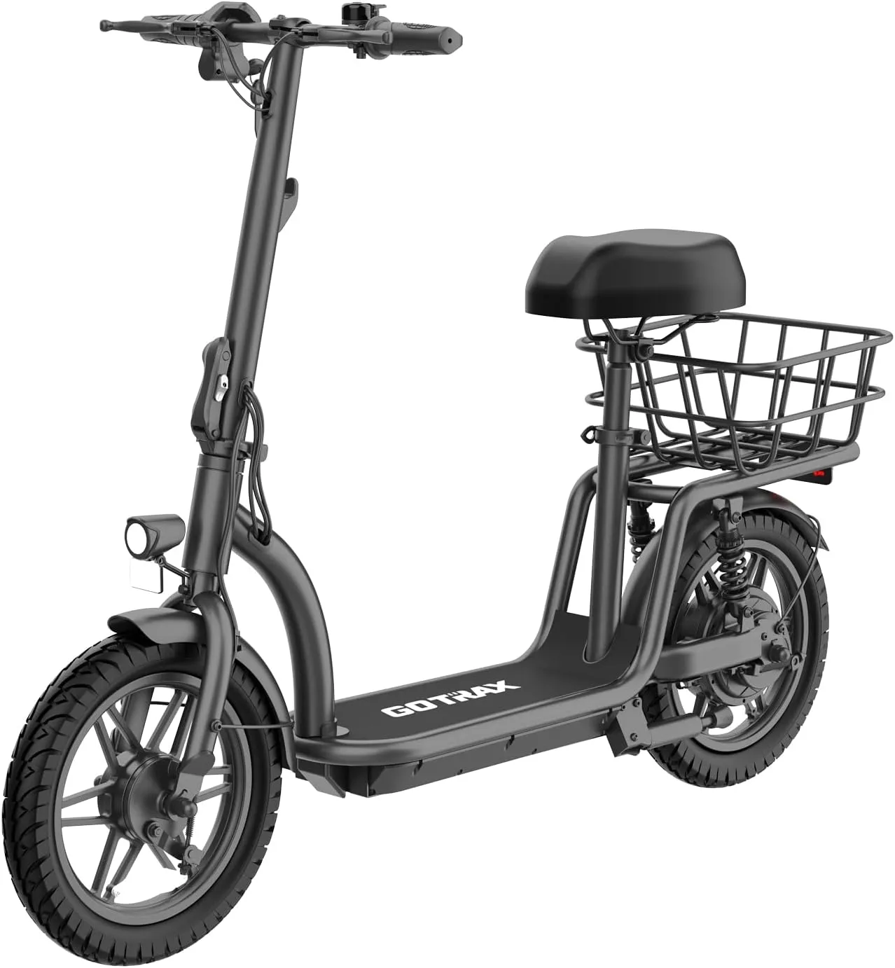 Gotrax Electric Scooter with Seat for Adult, Max 16-25miles Range, 15.5-20mph Power by 350W-500W Motor, Comfortable 14" Pneumatic Tire and Wider Deck & Height Adujustable Seat with Carry Basket