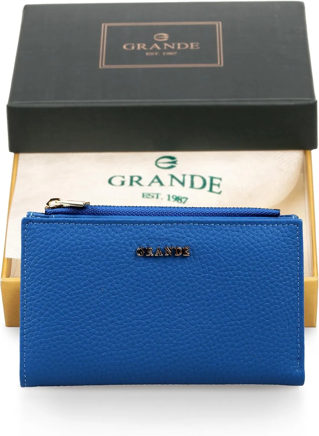 grande 2804 Genuine Leather Medium Bifold Wallet For Women Minimalist Wallet Ladies Zippered Mini Purse Small Card Holder (Blue)
