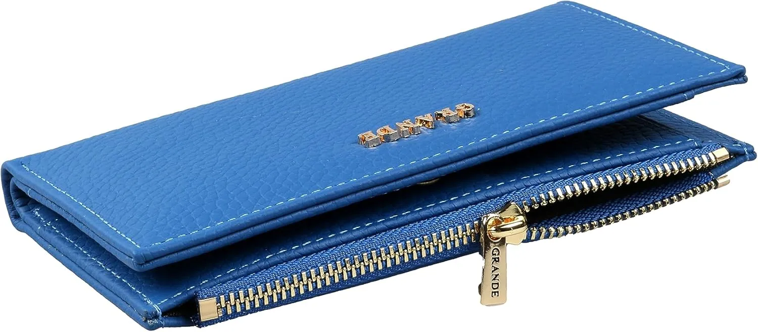 grande 2804 Genuine Leather Medium Bifold Wallet For Women Minimalist Wallet Ladies Zippered Mini Purse Small Card Holder (Blue)