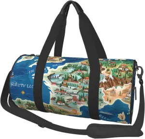 Greece Map Printed Sports Gym Bag for Men Women Foldable Duffel Bag Carry On Weekender Bag for Travel Sports
