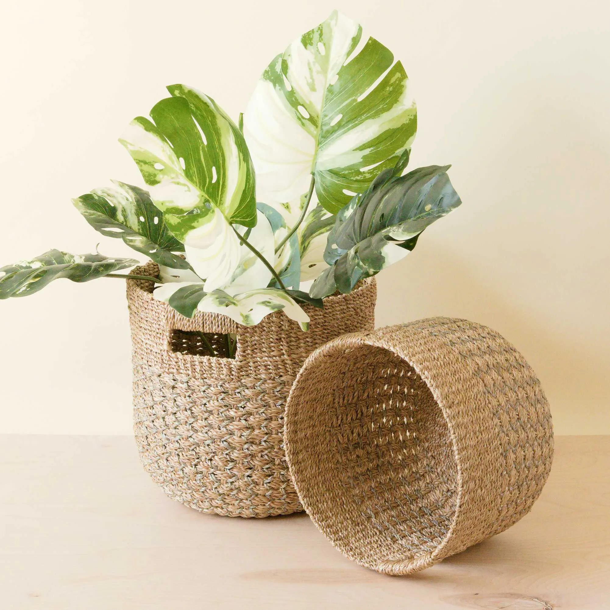 Grey   Natural Round Bottom Baskets, set of 2 - Woven Baskets