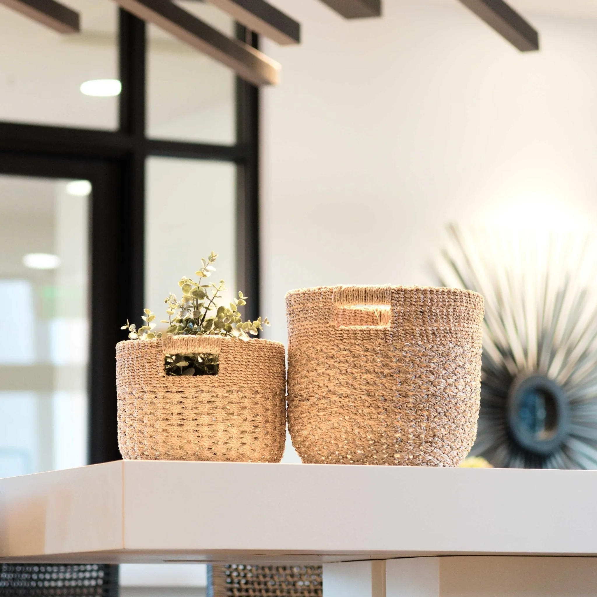 Grey   Natural Round Bottom Baskets, set of 2 - Woven Baskets