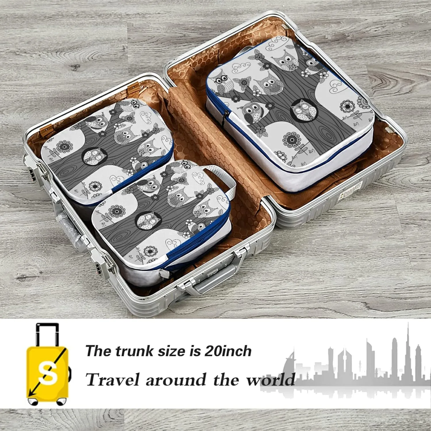 Grey Tribal Ethnic Owls on the Tree Branches with Turquoise Sky 3 Piece set Cubes Expandable Adjustable Luggage Packing Bags, Ultralight Organizer Accessories Travel Suitcase Compressible Bags