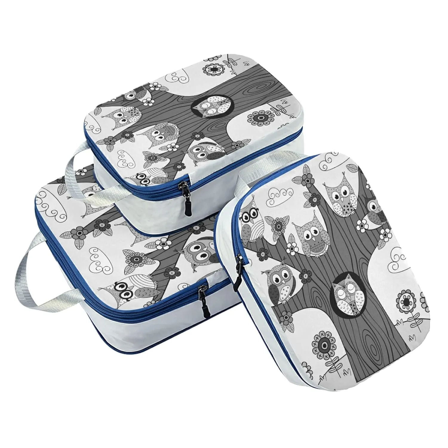 Grey Tribal Ethnic Owls on the Tree Branches with Turquoise Sky 3 Piece set Cubes Expandable Adjustable Luggage Packing Bags, Ultralight Organizer Accessories Travel Suitcase Compressible Bags