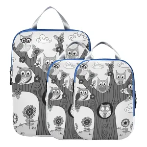 Grey Tribal Ethnic Owls on the Tree Branches with Turquoise Sky 3 Piece set Cubes Expandable Adjustable Luggage Packing Bags, Ultralight Organizer Accessories Travel Suitcase Compressible Bags
