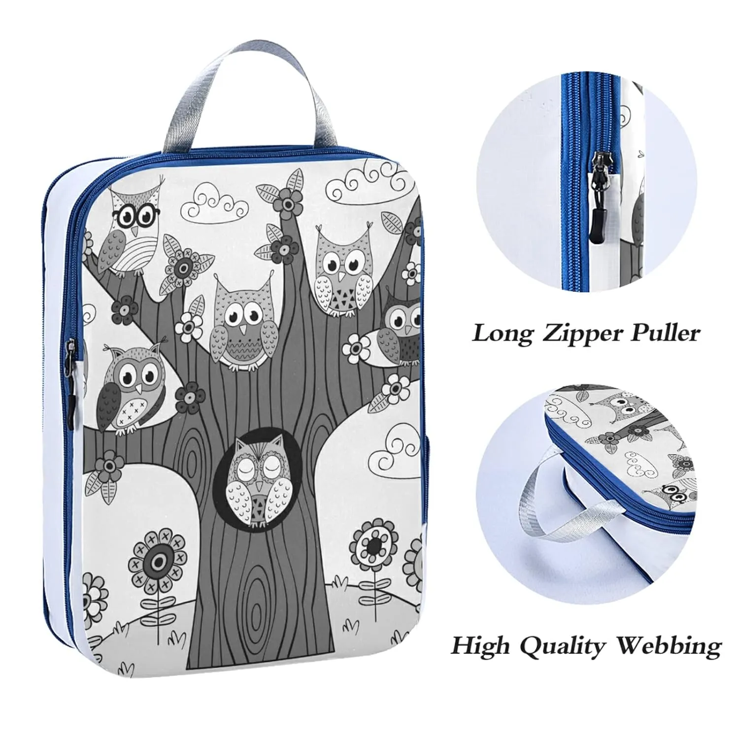Grey Tribal Ethnic Owls on the Tree Branches with Turquoise Sky 3 Piece set Cubes Expandable Adjustable Luggage Packing Bags, Ultralight Organizer Accessories Travel Suitcase Compressible Bags