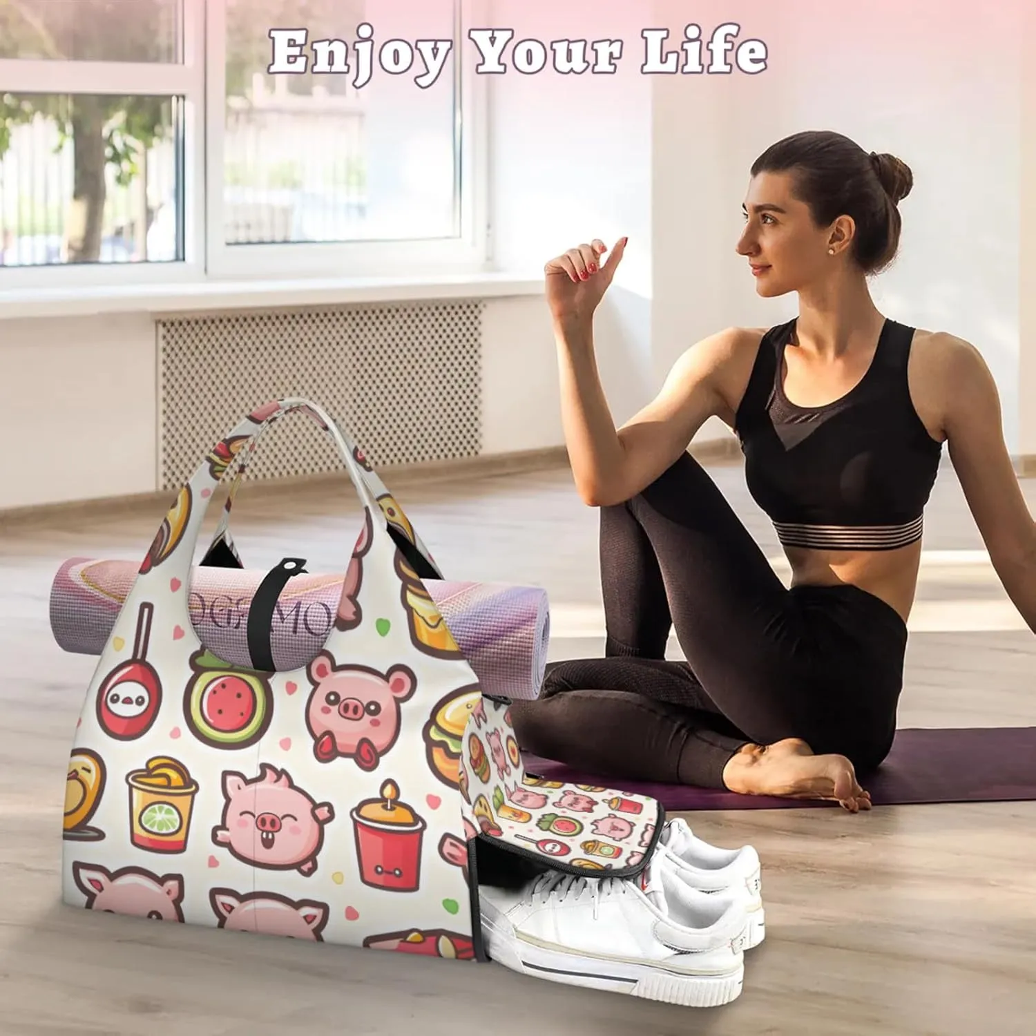 Gym Bag for Women Cartoon Pig Duffel Bag with Shoe Compartment and Yoga Mat Holder Portable Weekender Bags Travel Tote Bags