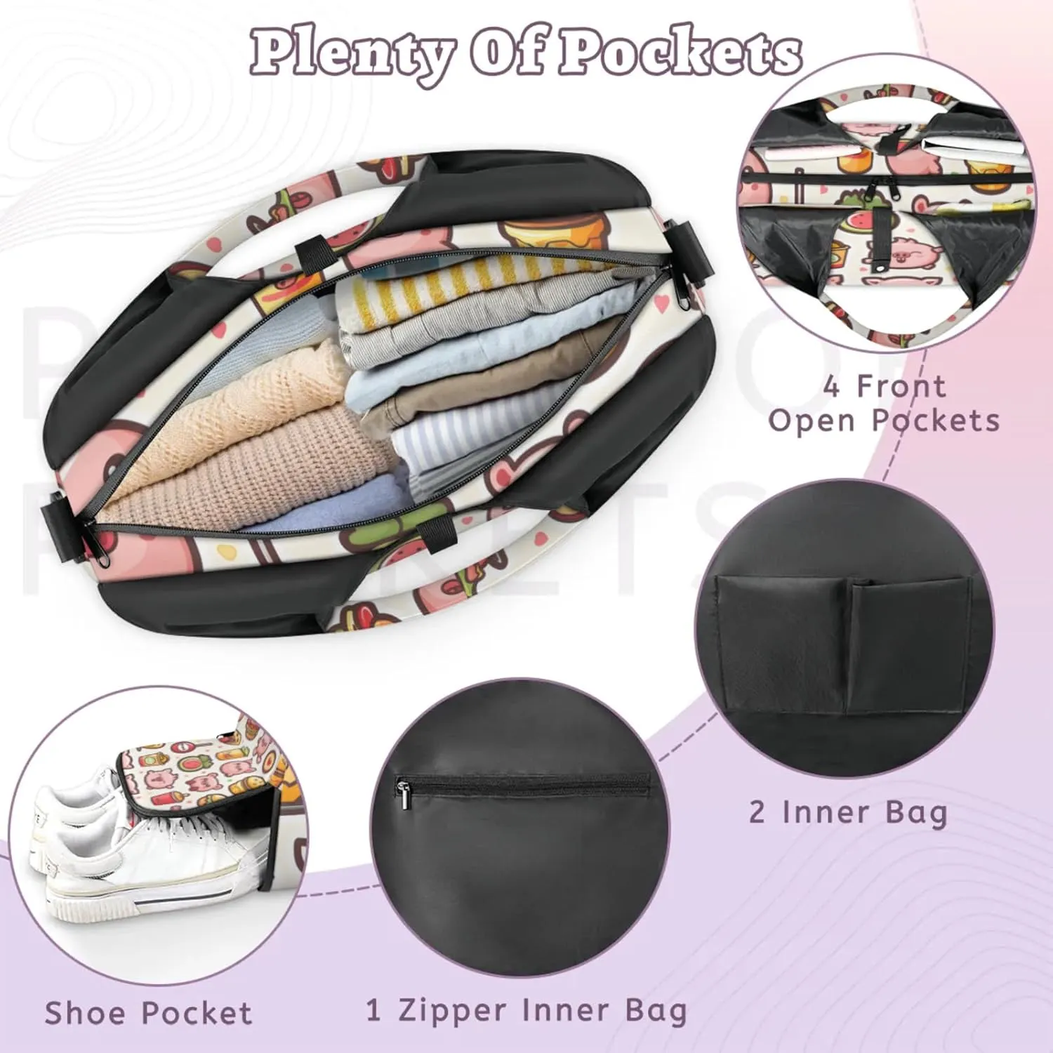Gym Bag for Women Cartoon Pig Duffel Bag with Shoe Compartment and Yoga Mat Holder Portable Weekender Bags Travel Tote Bags