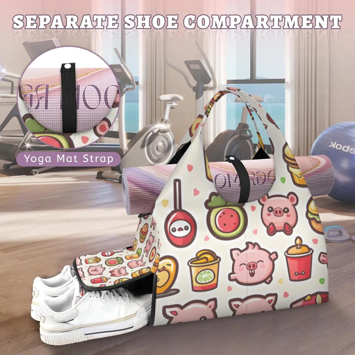 Gym Bag for Women Cartoon Pig Duffel Bag with Shoe Compartment and Yoga Mat Holder Portable Weekender Bags Travel Tote Bags