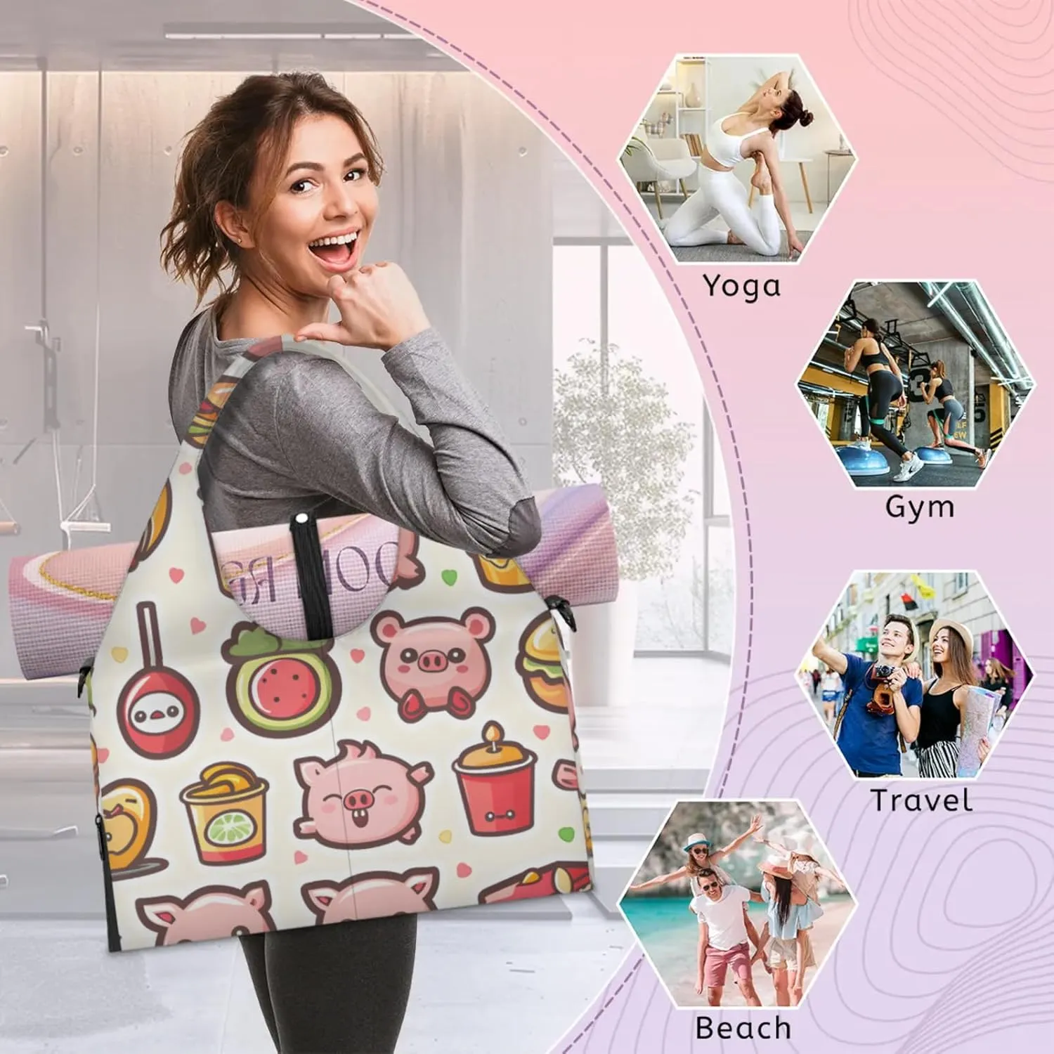 Gym Bag for Women Cartoon Pig Duffel Bag with Shoe Compartment and Yoga Mat Holder Portable Weekender Bags Travel Tote Bags