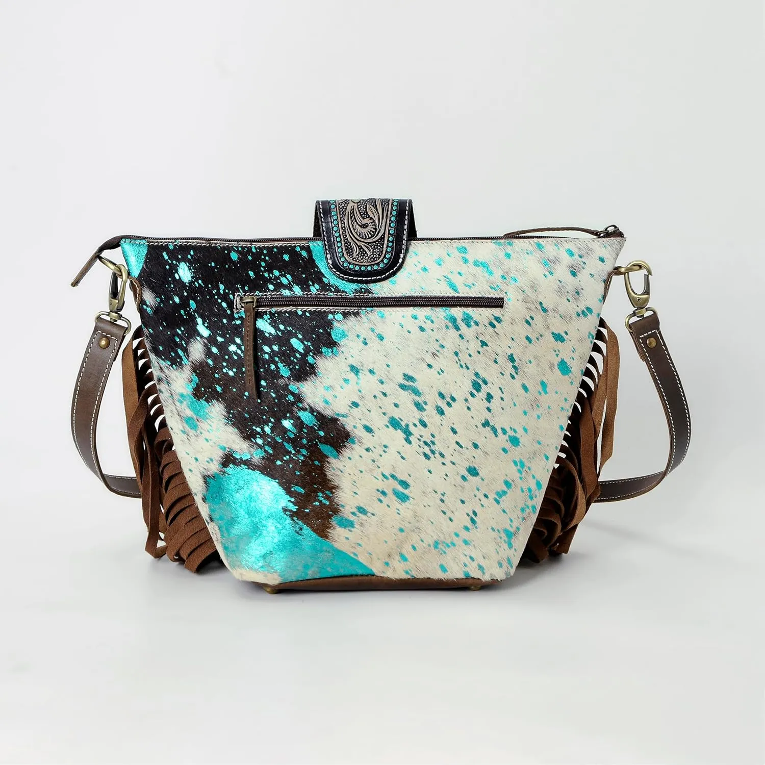 Hand Tooled Cowhide Leather Flap Open Zipper Closure Crossbody Shoulder Purse For Women
