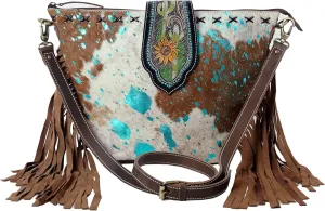 Hand Tooled Cowhide Leather Flap Open Zipper Closure Crossbody Shoulder Purse For Women