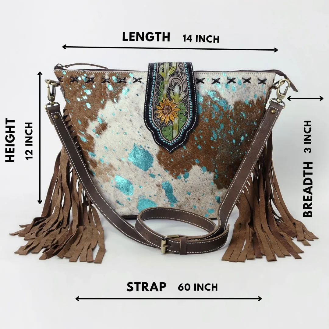 Hand Tooled Cowhide Leather Flap Open Zipper Closure Crossbody Shoulder Purse For Women