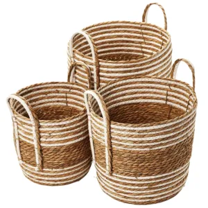 Hand-Woven Water Hyacinth Fiber & Cotton Rope Striped Baskets