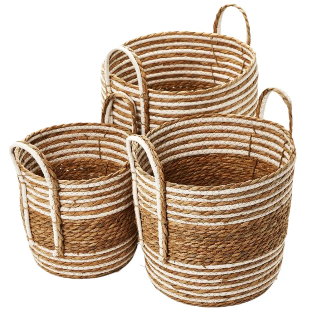 Hand-Woven Water Hyacinth Fiber & Cotton Rope Striped Baskets