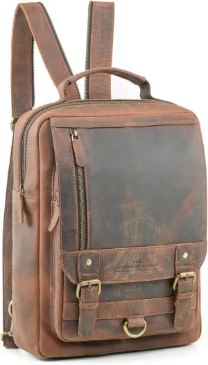 Handmade World Leather Backpack Convertible to Sling Bag 'The UpVibe' Fits 16 Inch Laptop Brown Full Grain Buffalo Hunter Leather Daypack Knapsack Stylish Crossbody Bag Unisex