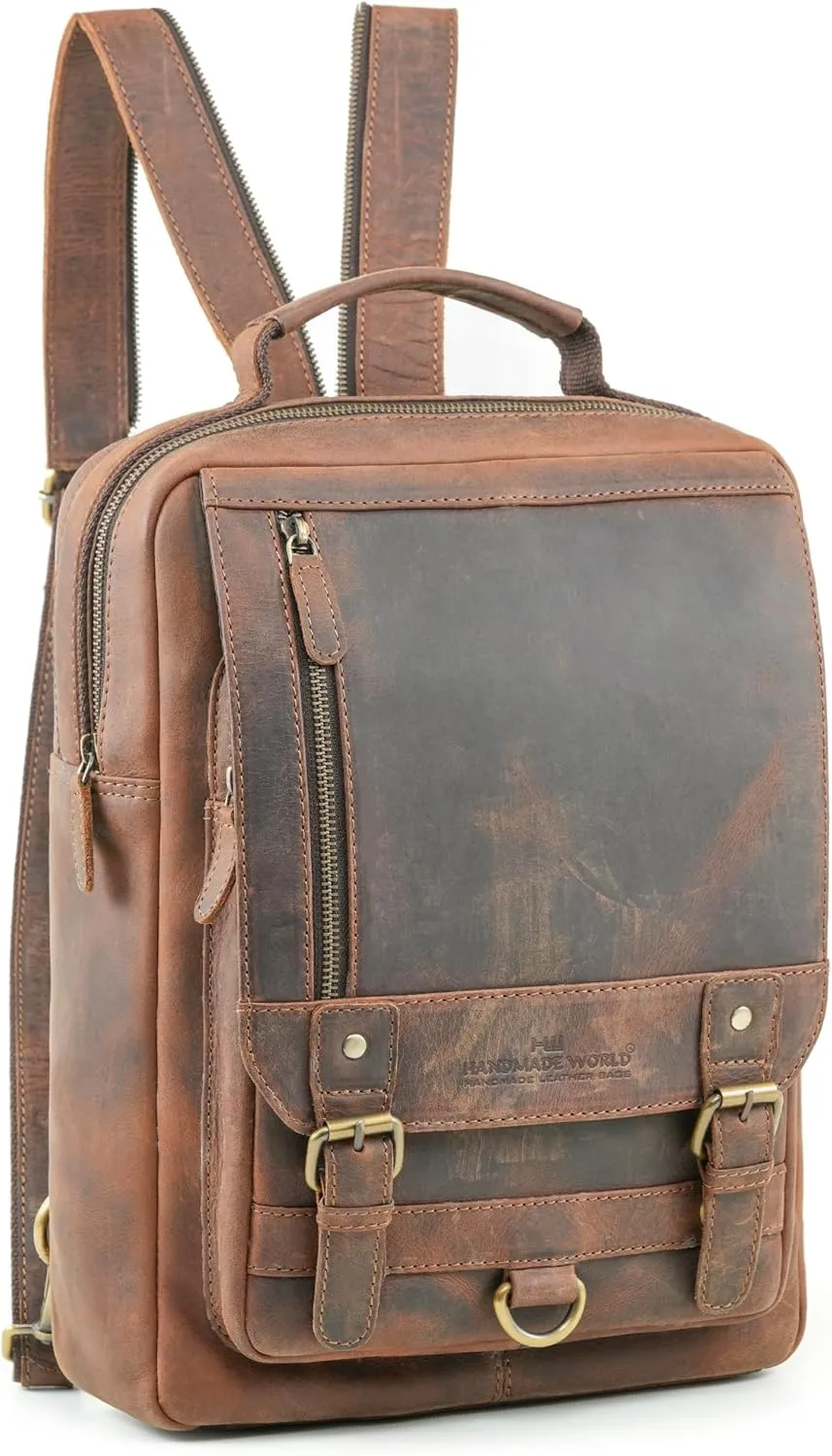 Handmade World Leather Backpack Convertible to Sling Bag 'The UpVibe' Fits 16 Inch Laptop Brown Full Grain Buffalo Hunter Leather Daypack Knapsack Stylish Crossbody Bag Unisex